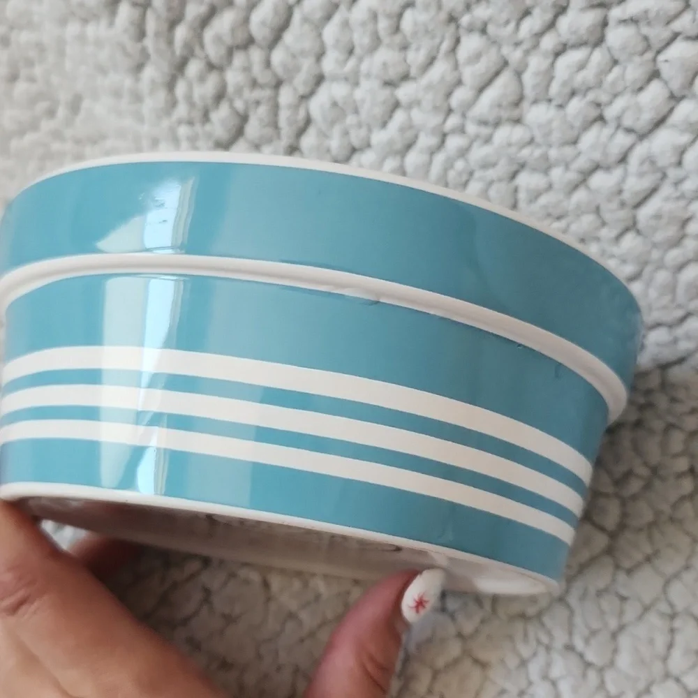 Winifred & Lily Dog Eat Food Bowl Retro Blue And White Striped Bowl With Bone